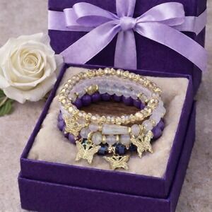 Bracelet Purple Butterfly Pendants Charms Bohemian Style 4pcs Set Rope Bracelet